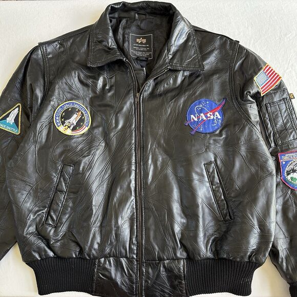 Alpha Industries NASA Leather Jacket Mens 2XL Patches Space Mission Bomber - Picture 1 of 10